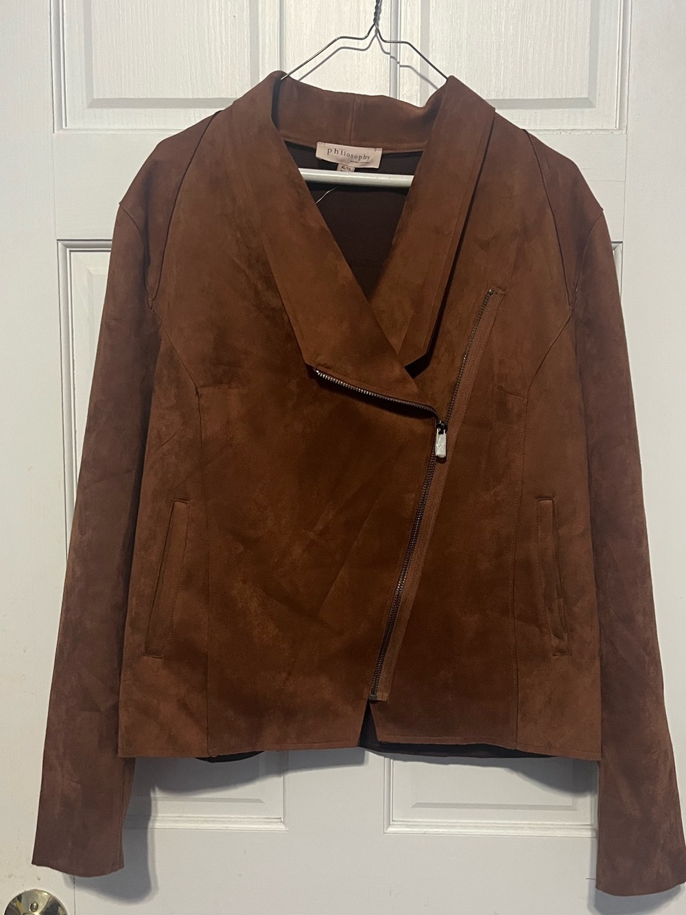 Philosophy faux Brown Suede Asymmetric Moto Zip Jacket NWT Size XL
